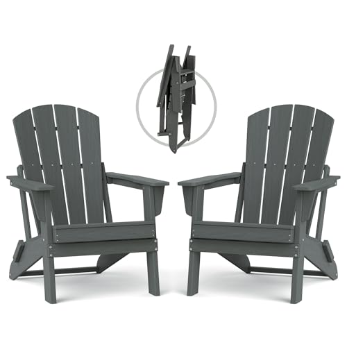 Image of Folding Adirondack Chair Set of 2, Lightweight-Portable HDPE Patio Chair, All-Weather Space-Saving Foldable Fire Pit Seating for Camping, Backyard, Deck-Grey