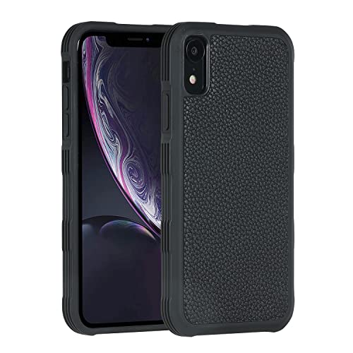 Molzar Tire Series iPhone XR Coque en cuir de vache véritable avec plaque métallique intégrée pour support magnétique, support de charge sans fil, compatible avec Apple iPhone XR, noir/cuir Cover