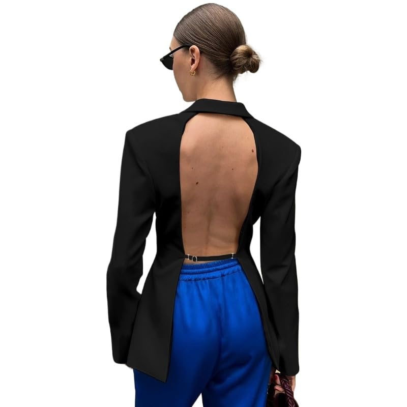 Womens Business Coat Lapel Neck Long Sleeve Classic Draped Open Front Button Backless Office Going Out Top