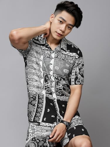 Image of Rigo Men's Rayon Printed Relaxed Night Suit Set Casual Co-Ords Set|Shirt And Short Set