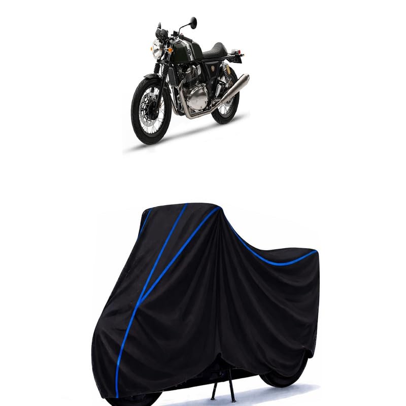 Image of Continental GT 650 Standard Bike Cover Water Resistant Universal Motorcycle Rain | Heavy Duty UV Protection, Dust, Scratch Indoor Outdoor All Weather with Black Blue Piping Elastic