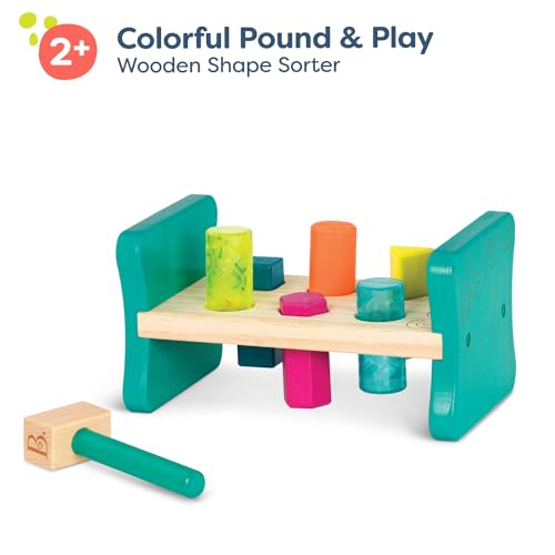 Image of B. toys Wooden Shape Sorter, Colorful Pound & Play | Wooden 8-piece set with 6 colorful shape pegs and toy hammer for sorting, matching, flip-over play, 2+ Years