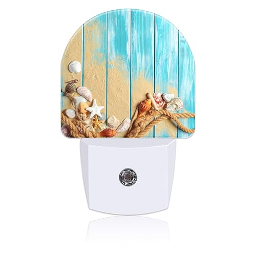 Image of Night Light Plug into Wall Shells and Blue Wooden Planks Night Light with Dusk to Dawn Sensor Night Light for Kid Girls Boys Women Men Room Decor, Hallway, Kitchen, Bathroom, Nursery, Stairs
