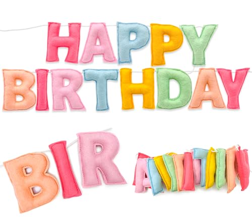 Pre-Strung 3D Pastel Felt Happy Birthday Banner Handmade Macaron Color Birthday Garland for Party Decorations Reusable Happy Birthday Sign for Kids Party Supplies Girls Women Rainbow Party Dcor