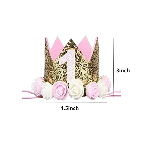 Sparkle 1St Baby Crown Headband Hat, Glitter First Birthday Flowers Crown For Princess Girl Baby Show Toddler Photography (Pink And Gold) #TOP1