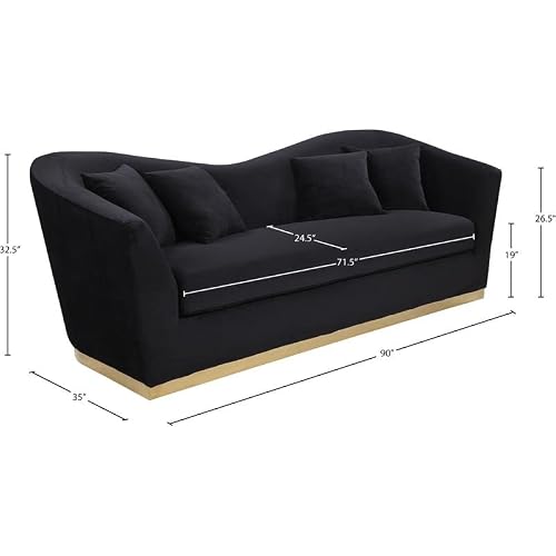 Meridian Furniture Arabella Collection Modern | Contemporary Velvet Upholstered Sofa With Rich Gold Stainless Steel Base, Black, 90" W X 35" D X 32.5" H #TOP2