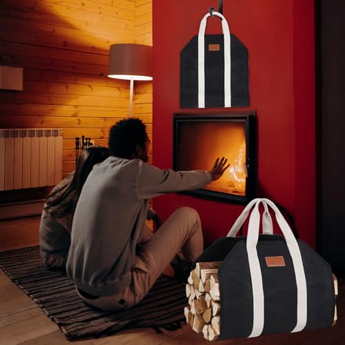 STBoo Firewood Carrier Waxed Canvas: Log Carrier for Firewood Heavy Duty | Fire Wood Carrier Tote Bag | Fireplace Log Holders for Firepit Outdoor Camping, BBQ, Wood Stove Accessories Gift, Black