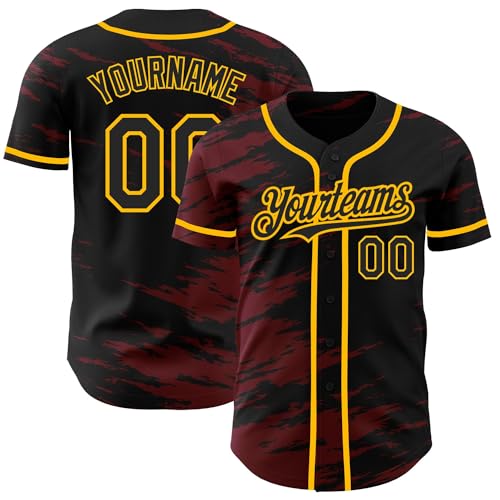 Camiseta de béisbol impresa y cosida falsa, de colores negro, carmesí y dorado