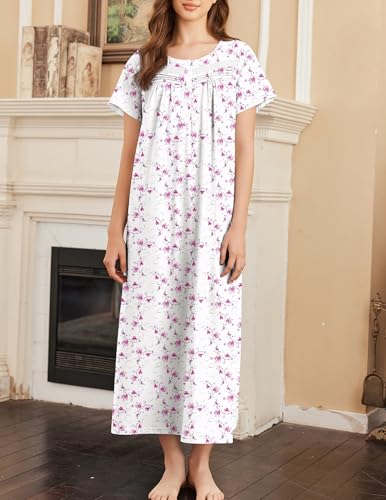 Image of Ekouaer Nightgown for Women Cotton Long Night Gown Short Sleeve Nightdress with Pockets Button Sleepshirt Soft Sleepwear