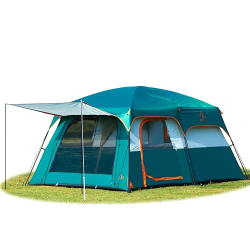 KTT Extra Large Tent 8-10 Person,Family Cabin Tents,2 Rooms,3 Doors and 3 Windows with Mesh,Straight Wall,Waterproof,Double Layer,Big Tent for Outdoor,Picnic,Camping,Family Gathering(Green)