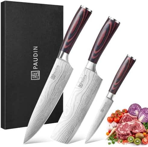 PAUDIN 3-tlg Küchenmesserset, 5Cr15MoV Stahl Pakkaholzgriff Superscharf | Chef-, Hack- & Allzweckmesser, ergonomischer rutschfester Griff, rostfest, edle Geschenkbox für Küche & Ge