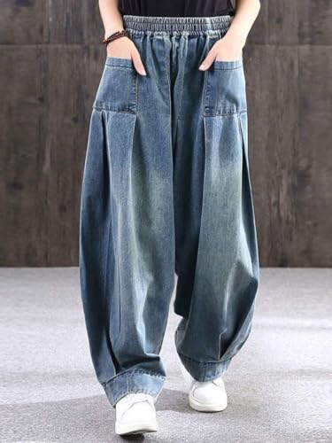 loveimgs Womens Wide Leg Harem Jeans Baggy Y2k Denim Pants Pleated Elastic Waist Palazzo Jeans Loose Barrel Jeans3