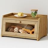 Goozii Wood Bread Box for Kithcen Countertop, Rustic Breadox Storage Container for Homemade Bread, Small Bread Keeper Holder Organizer with Window (Natural Bamboo)