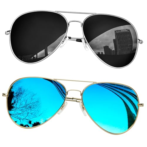 KANASTAL 2 Pares Gafas de Sol Azul Negras Hombre Polarizadas Mujer Clásicas Vintage Espejo Metalicas Pesca UV400 Sunglasses   Negro Lentes + Azul Lentes