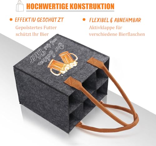 Männerhandtasche Bier mit Flaschenöffner und Grußkarten–Biertasche aus hochwertigem Filz für 6 Bierflaschen–Witzige Geschenk für Kollegen, Freunde & Männer, Ruhestand Geschenk
