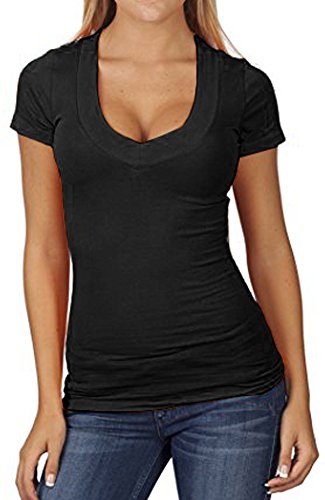 PaPaPa Sexy Basic Low Cut Deep Cleavage V-Neck Stretch Top Tee Shirt (Medium, Black)