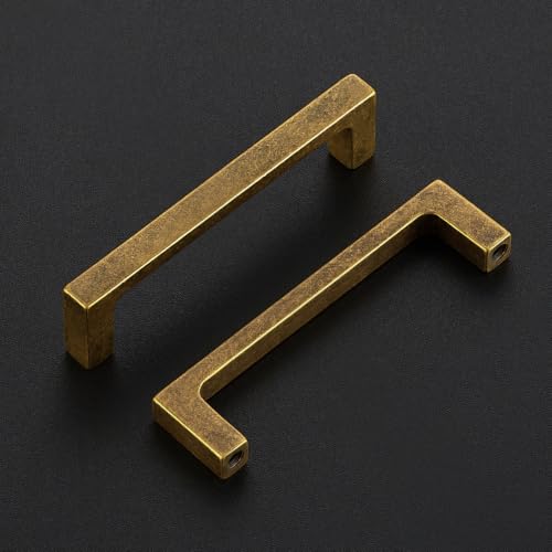 Image of Ravinte Antique Brass Kitchen Cabinet Solid Handles,3-3 /4 Inch,5 Pack | Solid Zinc Alloy, Modern Slim Style, Square Design, Deep-Thread Firm Base, Screws Included, for Kitchen Drawers & Cupboards