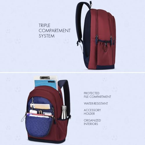 Image of Tommy Hilfiger Student School Bag & University Backpack Coral - Burgundy+Navy | Durable Water-Resistant Polyester with Premium Embroidery | Multi-Utility Organiser & Rain Cover | 33L Capacity