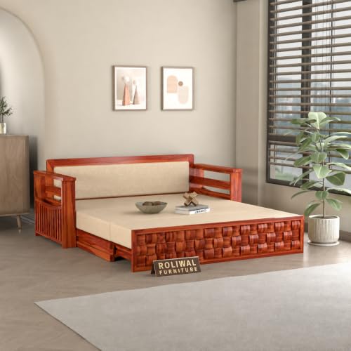 Image of Solid Sheesham Wood Sofa Cums Bed with Mattress & Storage | Rosewood Convertible Sofa Bed for Living Room & Bedroom (G-Honey Finish, 3 Seater)