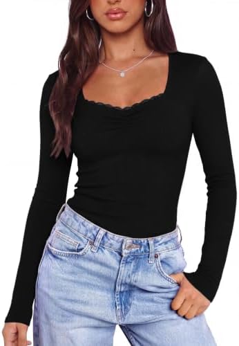 Aottori Langarmshirt Damen V-Ausschnitt Spitze Shirt Basic Gerippt Slim Fit | Longsleeve, Pullover Dünn, Top, Einfarbig, Herzförmiger Ausschnitt, Klassisch, Elegant, Stretch, Casua