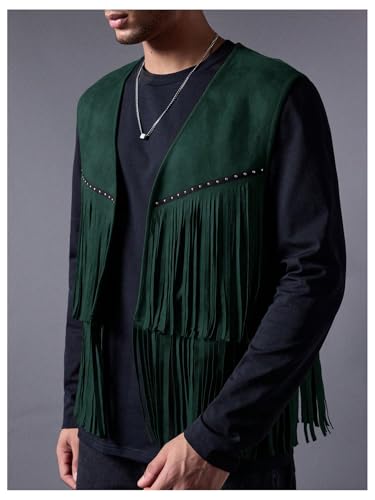 Image of OYOANGLE Men's Casual Suede Top Shirt Boho Fringe Trim Open Front Sleeveless Vest Jacket Waistcoat