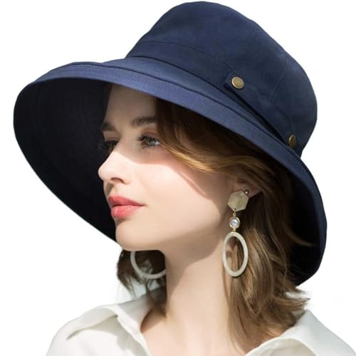 Cotton Bucket Hat for Women - Sun Hats for Summer & Spring, Wide Brim UPF 50 UV Protection Boonie with Chin Strap, Adjustable Packable Hat for Camping, Hiking, Beach, Golf, Smart Garden Navy