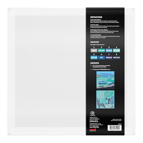 Image of POSCA Canvas Paint by Number Kit, Harbor Hues - 8 Acrylic Markers with 2 Pre-Drawn Canvases - Gift Set for Artists, Adults and Kids