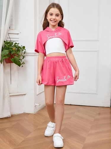Image of SweatyRocks Girl's 3 Piece Outfits Letter Print Short Sleeve Hooded Tops and Cami Tops with Shorts Set