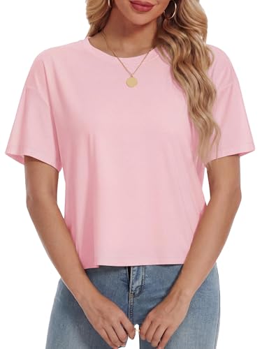 YUCOLEN Crop Top Women Summer Short Sleeve UPF50+ Sun Shirts Casual Loose Cotton Crewneck Drop Shoulder Cropped Tee Shirts Light Pink, M