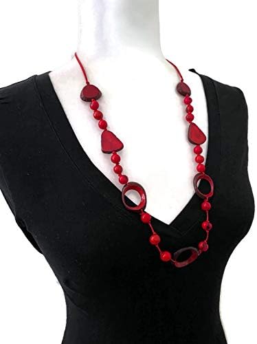 Red tagua necklace and earrings TAG670, long statement necklace set, statment tagua nut jewelry jewelry