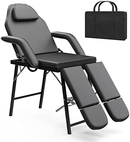 Paddie Portable Tattoo Chair Split Legs for Client, Folding Massage Table Multipurpose Esthetician Bed with Storage Bag, Black