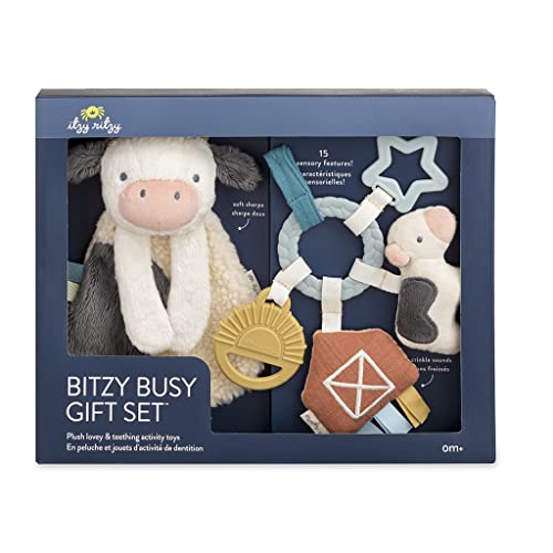 Itzy Ritzy Teething Toy Gift Set - Includes Cow Lovey & Barn-Themed Busy Ring Car Seat and Stroller Toy - Features Crinkle Sounds, Engaging Textures & Silicone Teething Relief (Farm) by Itzy Ritzy - Used condition - US$15.46