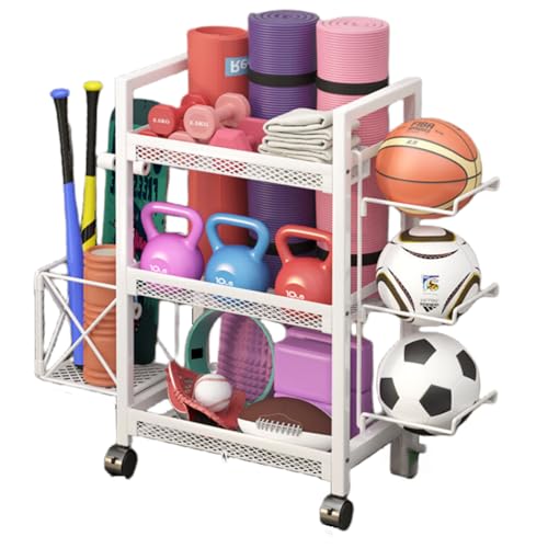 HJJ ホームジム収納ラック ヨガマット、フィットネス機器、トレーニング機器、ダンベル収納ラック ユニバーサルホイール 移動が簡単 大容量 多層 省スペース 組み立てが簡単 (ホワイト,収納バスケット+ボールラック)