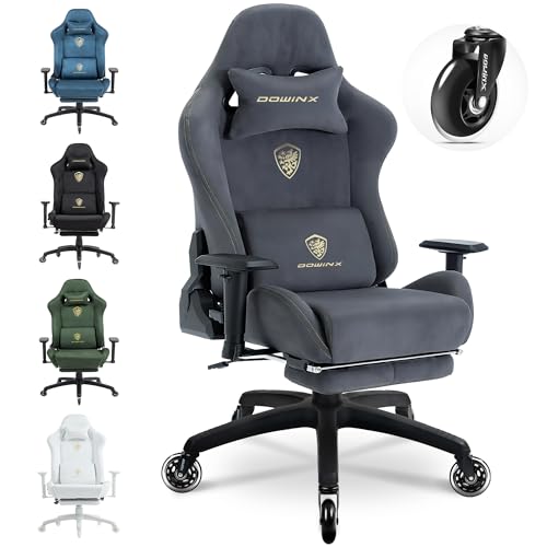 Dowinx Fabric High Tech Gaming Chair in gray with ergonomic design, heated massage lumbar support, and adjustable features, alongside color variants displayed.