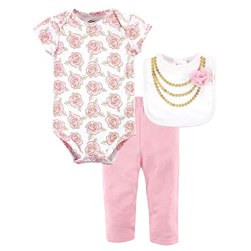 Image of Little Treasure Unisex Baby Bodysuit, Pant and Bib, Gold Roses, 3-6 Months