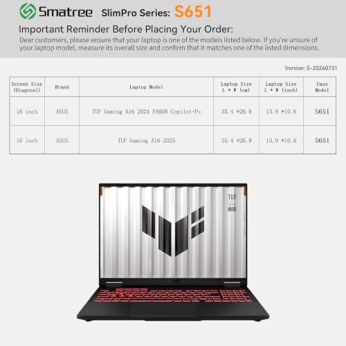 Image of Smatree SlimPro Laptop Sleeve Case for 16 inch ASUS TUF Gaming A16 2025 /2024 FA608,Patented Super-Corner Design(S651)
