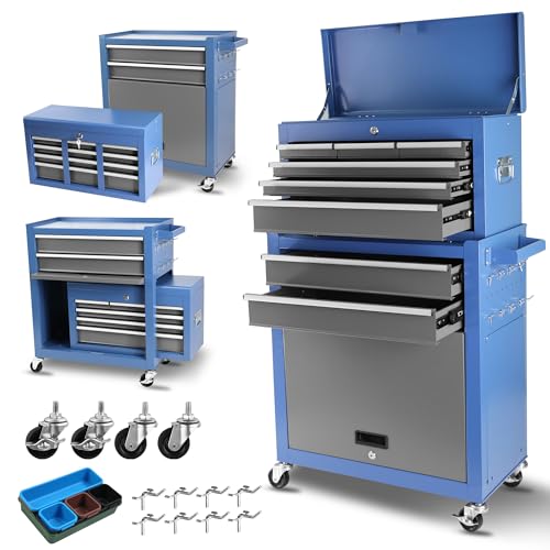 Image of Tool Chest With 8 Drawers, Detachable Rolling Tool Box, Universal Lockable Wheels, Detachable Organizer Tool Box, Mobile Lockable Tool Box for Workshop Mechanics Garage(Blue+Grey)