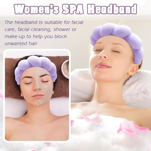 Image of Spa Headband and Wristband Set, Face Wash Headband Makeup Skincare Headband Wrist Bands Washing Face for Preppy Skincare Women Girl (Spa Headband - Perple)