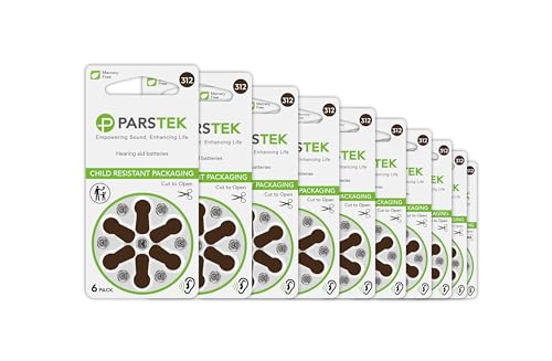 ParsTek Hearing Aid Batteries | Size 312 | Zinc-Air & Mercury Free | Long Lasting | Child Resistant Packaging | 1.45V | 60 Batteries