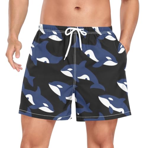 Pantalones cortos de playa de secado rápido con forro interior y estampado de orca azul para hombre