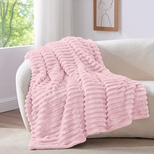 Image of BEDELITE Ribbed Fleece Throw Blanket for Couch, Cherry Blossom, 50 inchx70 inch
