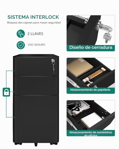 Miniatura 4 de Yitahome Cajonera Oficina Con 3 Cajones, Armario Archivador Móvil Con Ruedas, Metalico Mueble Oficina Archivador Con Cerradura Y Llave Para Carta A4, Negro, 45 X 30 X 61cm