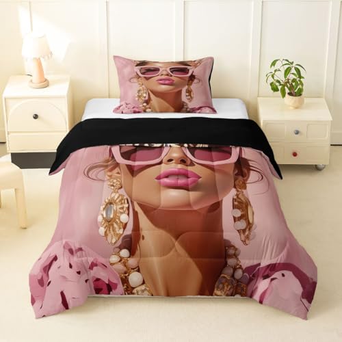 Image of Erosebridal Pink Black Girls Twin Comforter Set Luxury African American Bedding Set for Girls Women Modern Fashion Woman Room Decor Afro Black Woman Duvet Insert (1 Comforter, 1 Pillowcase)