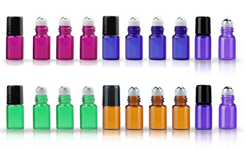20 Pack Set 2ML(5/8 Dram) Micro Mini Glass Roll-on Glass Bottles with Metal Roller Balls - Refillable Slim Sample Vial Aromatherapy Essential Oil Roll On (Multi-1)
