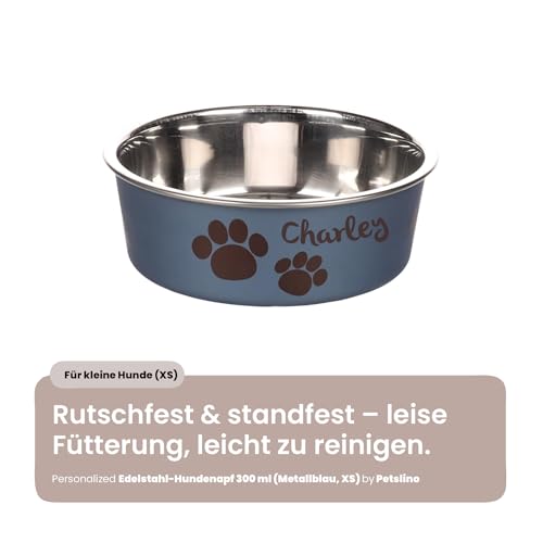 Hundenapf personalisiert aus Edelstahl XS 300 ml Dunkelblau – rutschfest, leicht & hygienisch – Futter- & Wassernapf mit Namen für kleine Hunde & Katzen