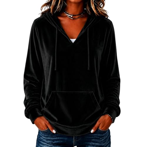 Image of Black Womens Velvet Hoodie V Neck Drawstring Long Sleeve Hooded Tops Pocket