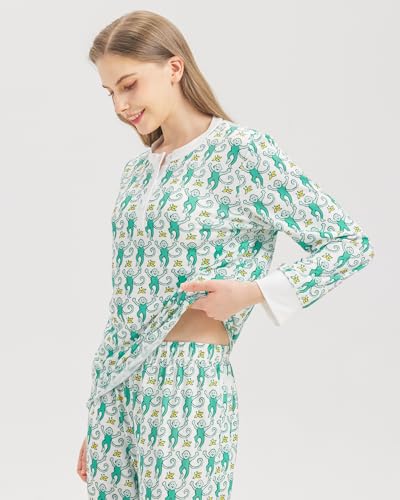 Womens Henley Pajamas Set 2 Piece Long Sleeve Monkey Print Lounge Sets Preppy Sleepwear Pjs for Vacation Party4