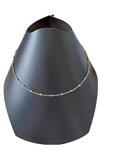 Collier perles émail artisanal - Collier chaine fine acier inoxydable doré - Collier été - Cadeau anniversaire femme et fille (36, Bleu turquoise)
