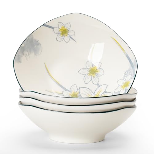 TuYines Juego de 4 ensaladeras de porcelana, color blanco, plato de pasta, plato hondo para espaguetis, cuenco para cereales apto para microondas, bandeja para servir ensaladas, sopas, aperitivos