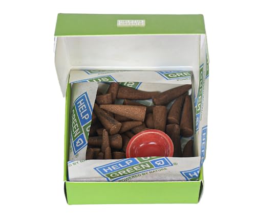 Image of HelpUsGreen Natural Dhoop Cones Lemongrass and Mogra (80 Cones Pack of 2)|Charcoal Free Organic Incense Cones | Low Smoke Long Lasting Incense for Pooja Meditation Home Fragrance |Free Ceramic Holder